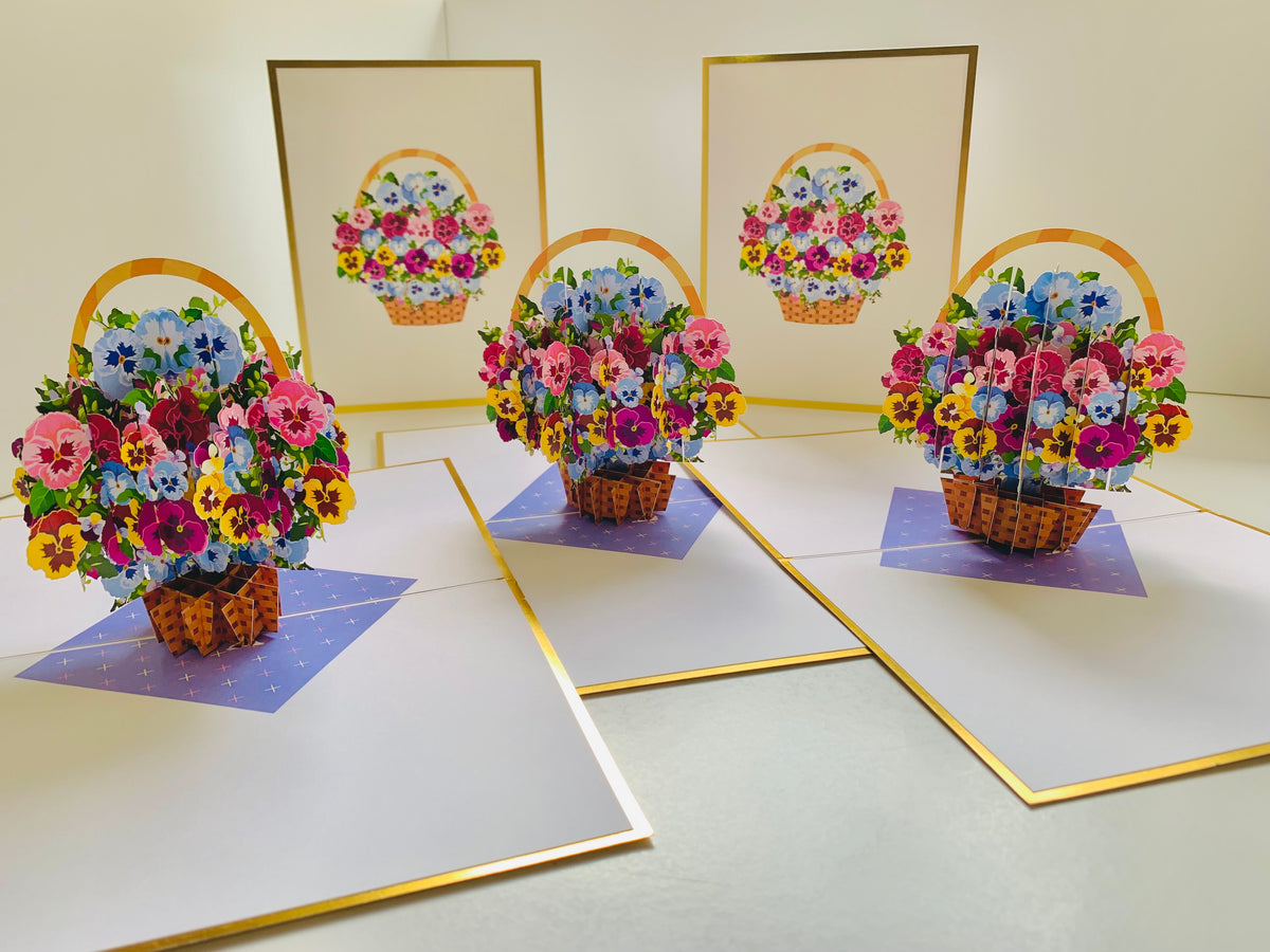 Luxury Gold Embossing Pansies Flower Basket Origami Pop Cards 3D Pop Up Greeting Card Happy Birthday Thank You Handmade Gift Thinking of You Blank Card for Any Occasion Happy Mother's Day Happy Father's Australiana Celebrate the Beauty of Autumn Flowe
