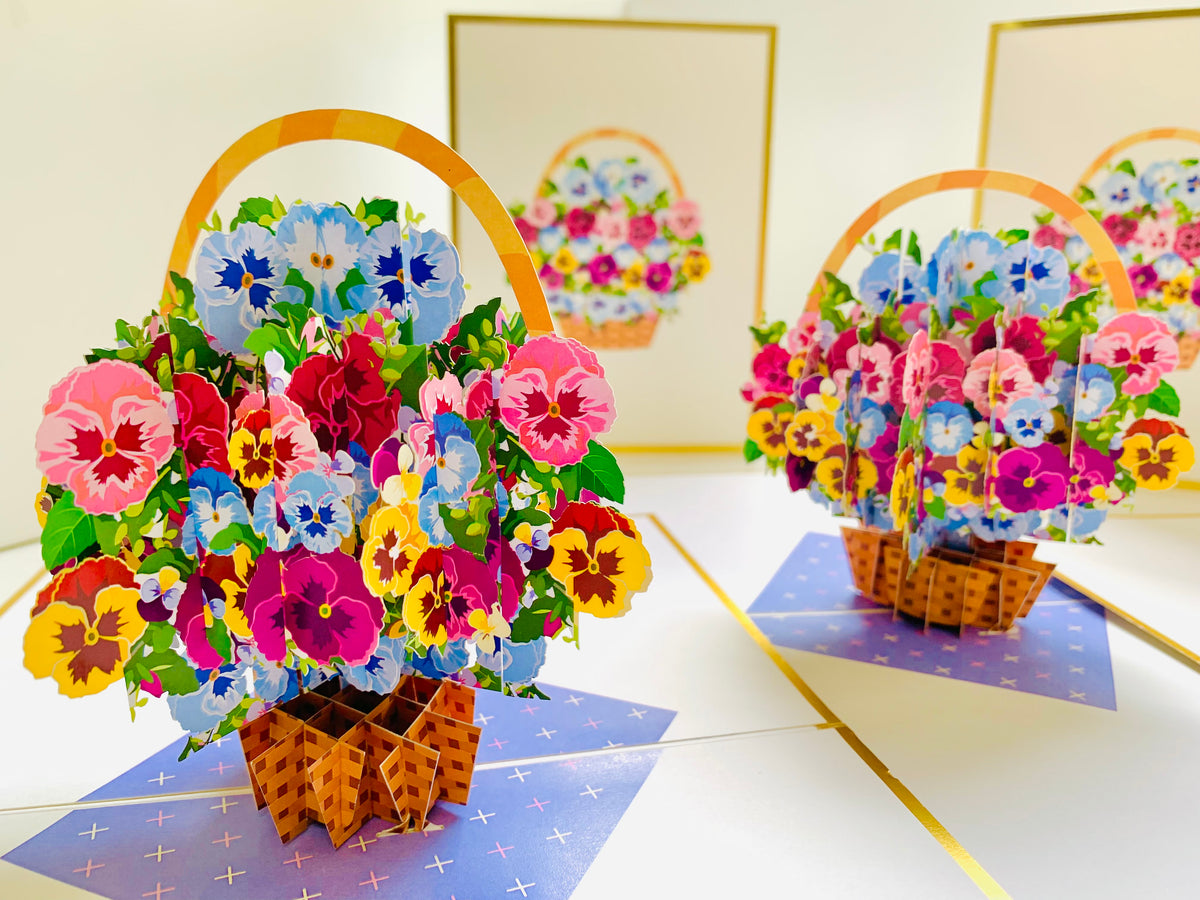 Luxury Gold Embossing Pansies Flower Basket Origami Pop Cards 3D Pop Up Greeting Card Happy Birthday Thank You Handmade Gift Thinking of You Blank Card for Any Occasion Happy Mother's Day Happy Father's Australiana Celebrate the Beauty of Autumn Flowe