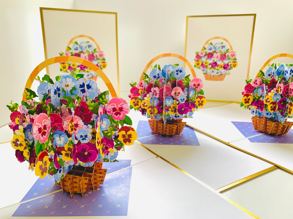 Luxury Gold Embossing Pansies Flower Basket Origami Pop Cards 3D Pop Up Greeting Card Happy Birthday Thank You Handmade Gift Thinking of You Blank Card for Any Occasion Happy Mother's Day Happy Father's Australiana Celebrate the Beauty of Autumn Flowe