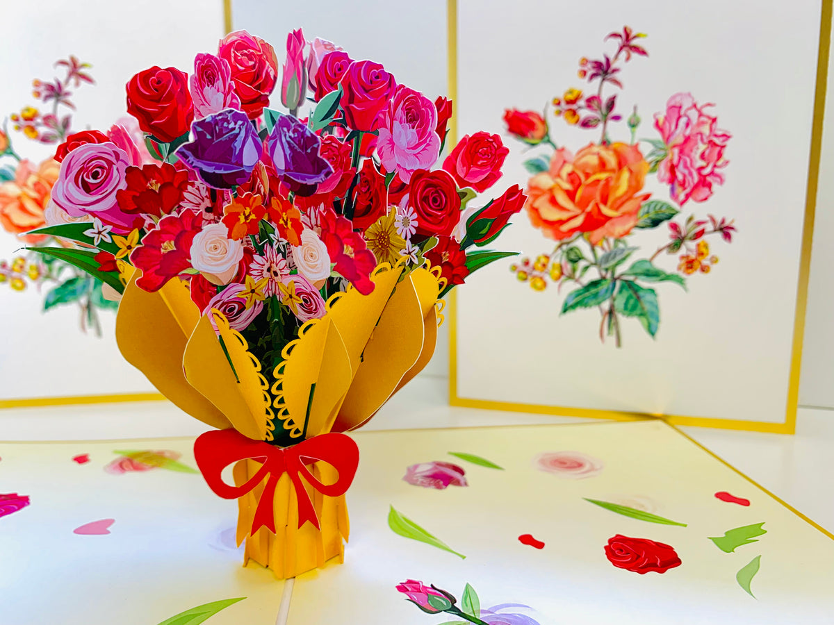 Luxury Gold Embossing Sweetheart Flower Bouquet Origami Pop Cards 3D Pop Up Greeting Card Happy Birthday Thank You Handmade Gift Thinking of You Blank Card for Any Occasion Happy Mother's Day Happy Father's Australiana Celebrate and Romantic