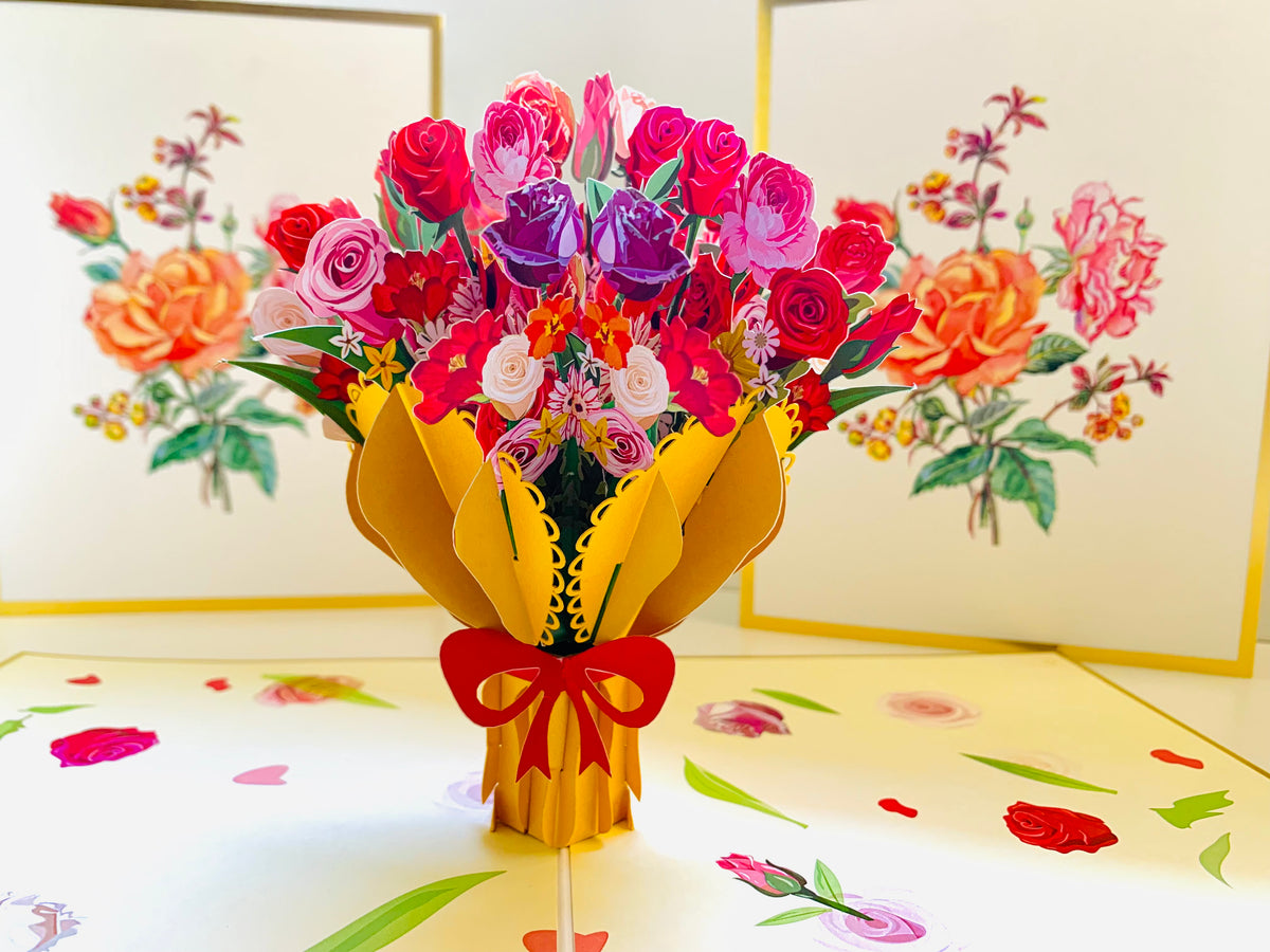 Luxury Gold Embossing Sweetheart Flower Bouquet Origami Pop Cards 3D Pop Up Greeting Card Happy Birthday Thank You Handmade Gift Thinking of You Blank Card for Any Occasion Happy Mother's Day Happy Father's Australiana Celebrate and Romantic