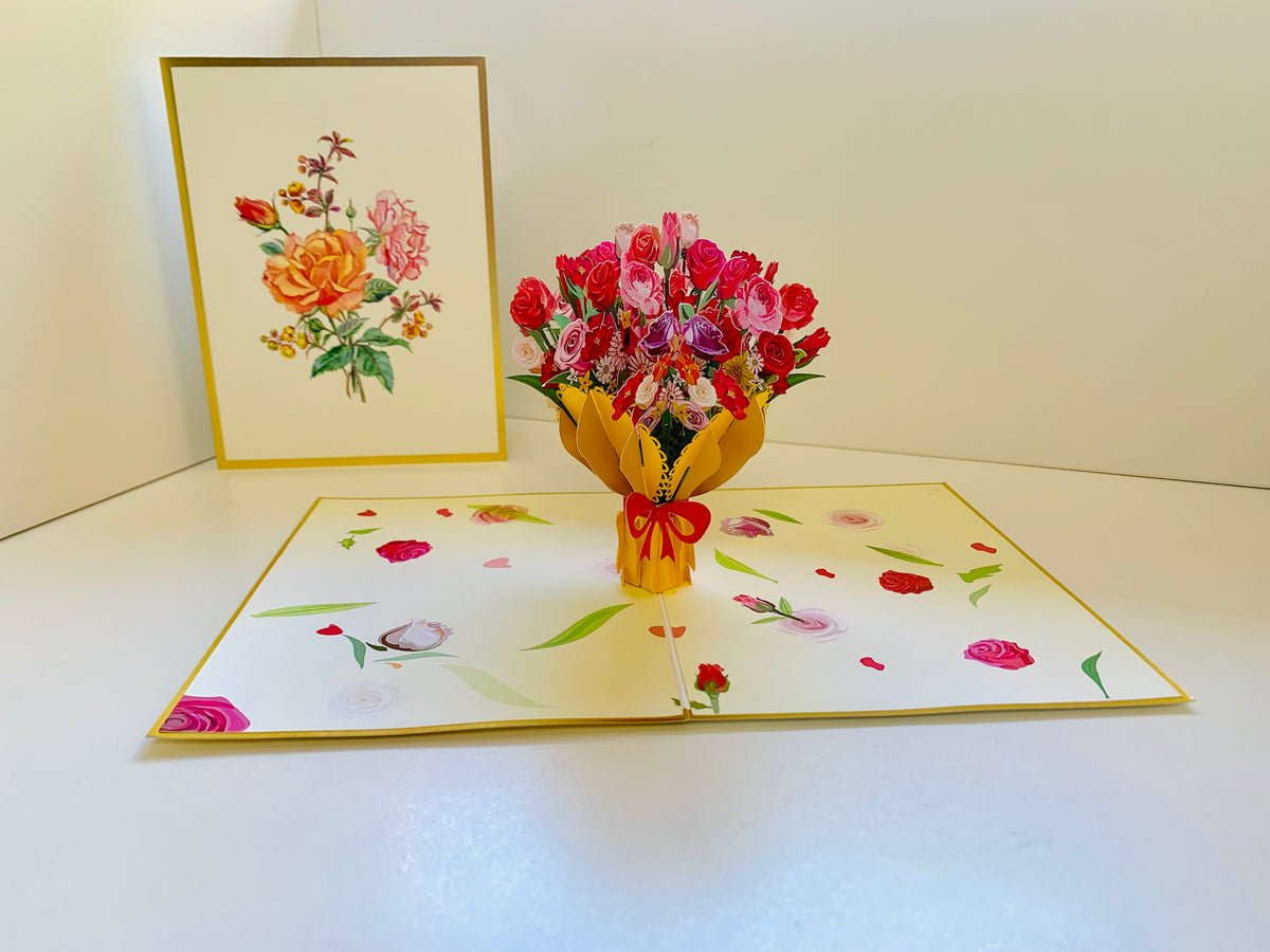 Luxury Gold Embossing Sweetheart Flower Bouquet Origami Pop Cards 3D Pop Up Greeting Card Happy Birthday Thank You Handmade Gift Thinking of You Blank Card for Any Occasion Happy Mother's Day Happy Father's Australiana Celebrate and Romantic