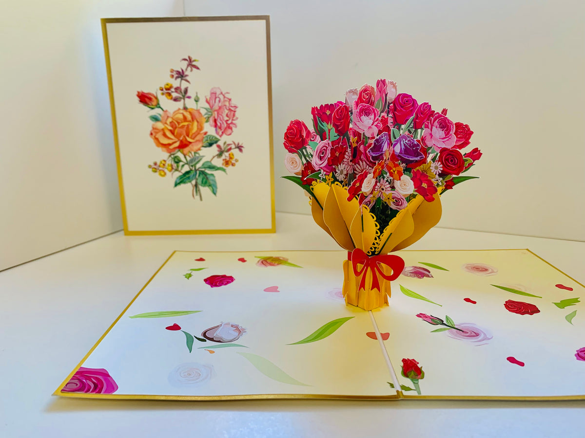 Luxury Gold Embossing Sweetheart Flower Bouquet Origami Pop Cards 3D Pop Up Greeting Card Happy Birthday Thank You Handmade Gift Thinking of You Blank Card for Any Occasion Happy Mother's Day Happy Father's Australiana Celebrate and Romantic