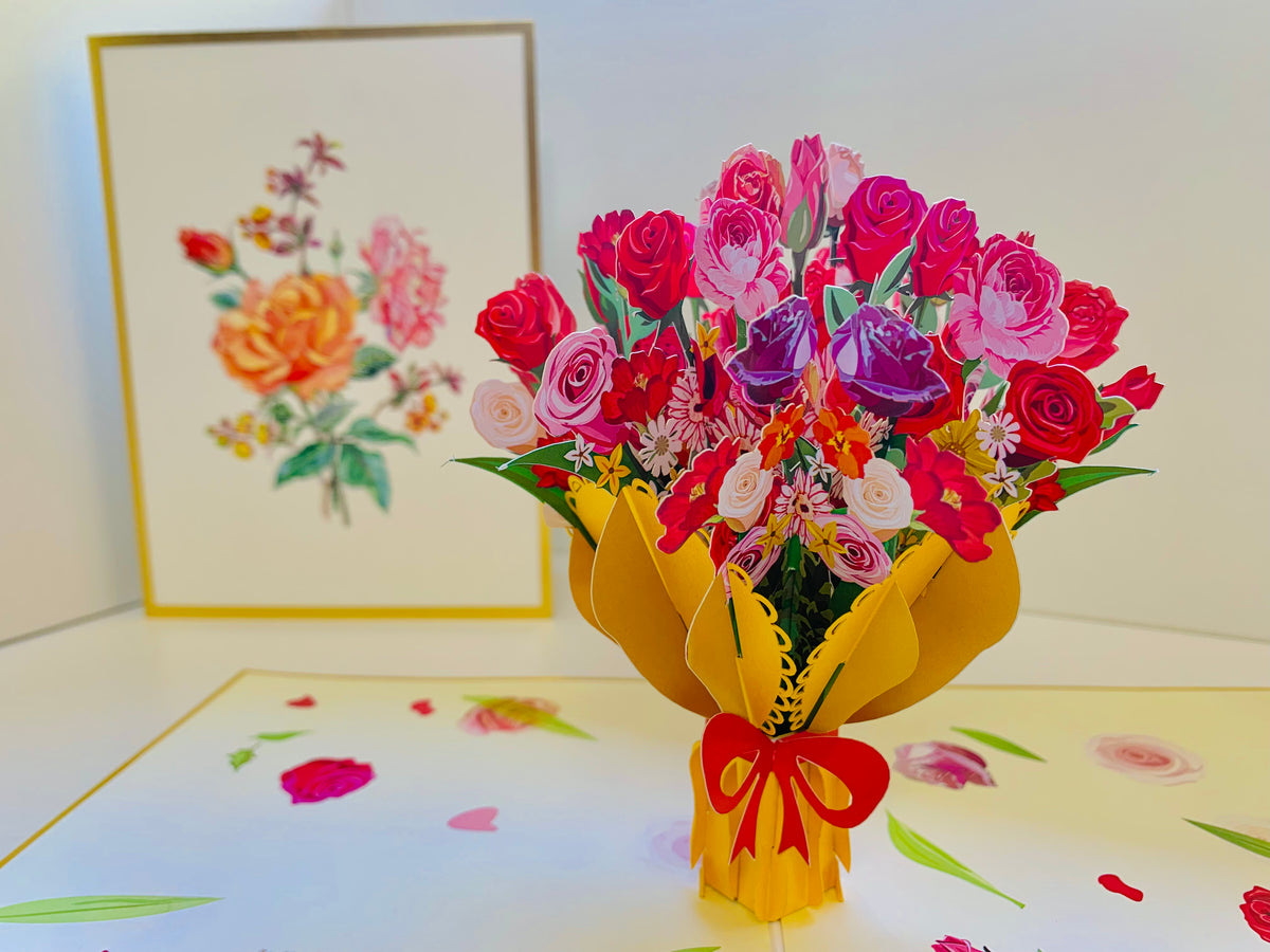 Luxury Gold Embossing Sweetheart Flower Bouquet Origami Pop Cards 3D Pop Up Greeting Card Happy Birthday Thank You Handmade Gift Thinking of You Blank Card for Any Occasion Happy Mother's Day Happy Father's Australiana Celebrate and Romantic