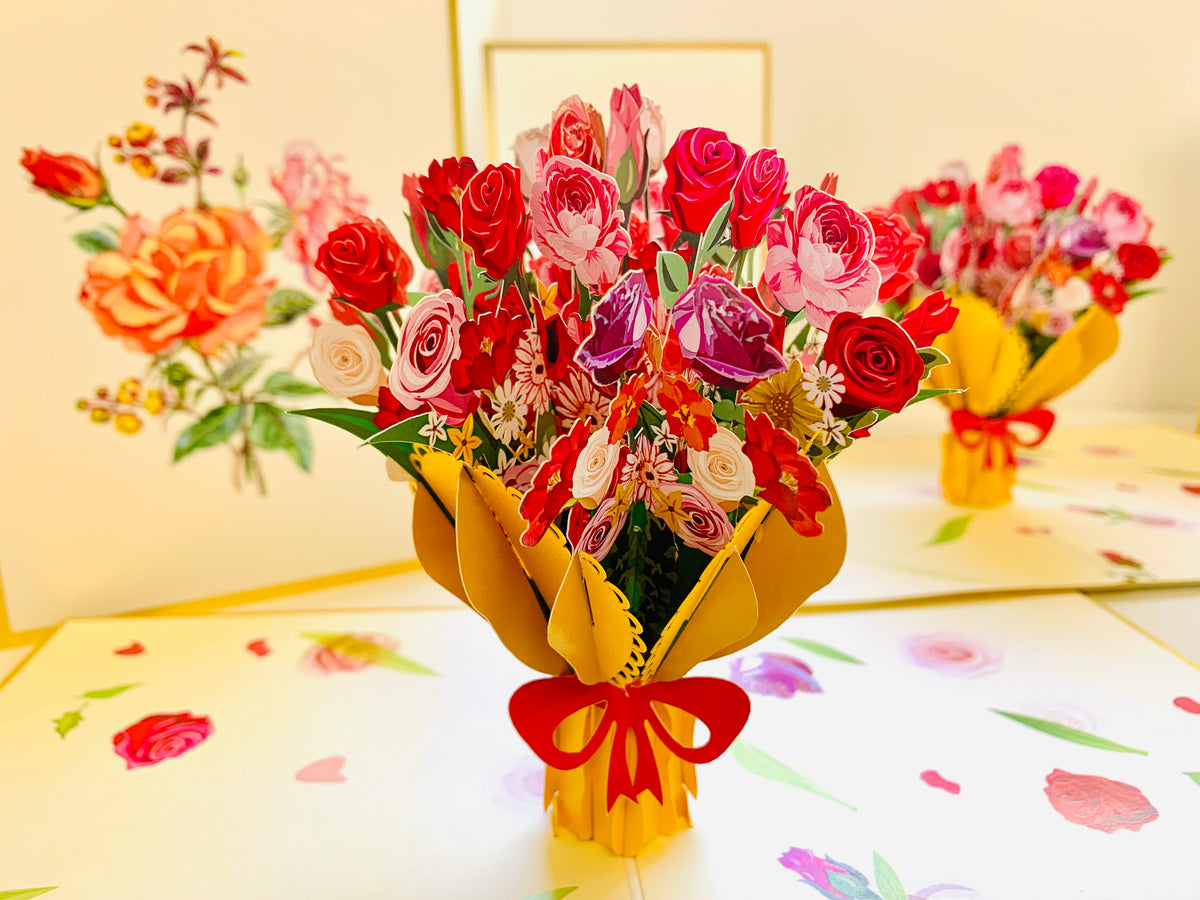 Luxury Gold Embossing Sweetheart Flower Bouquet Origami Pop Cards 3D Pop Up Greeting Card Happy Birthday Thank You Handmade Gift Thinking of You Blank Card for Any Occasion Happy Mother's Day Happy Father's Australiana Celebrate and Romantic
