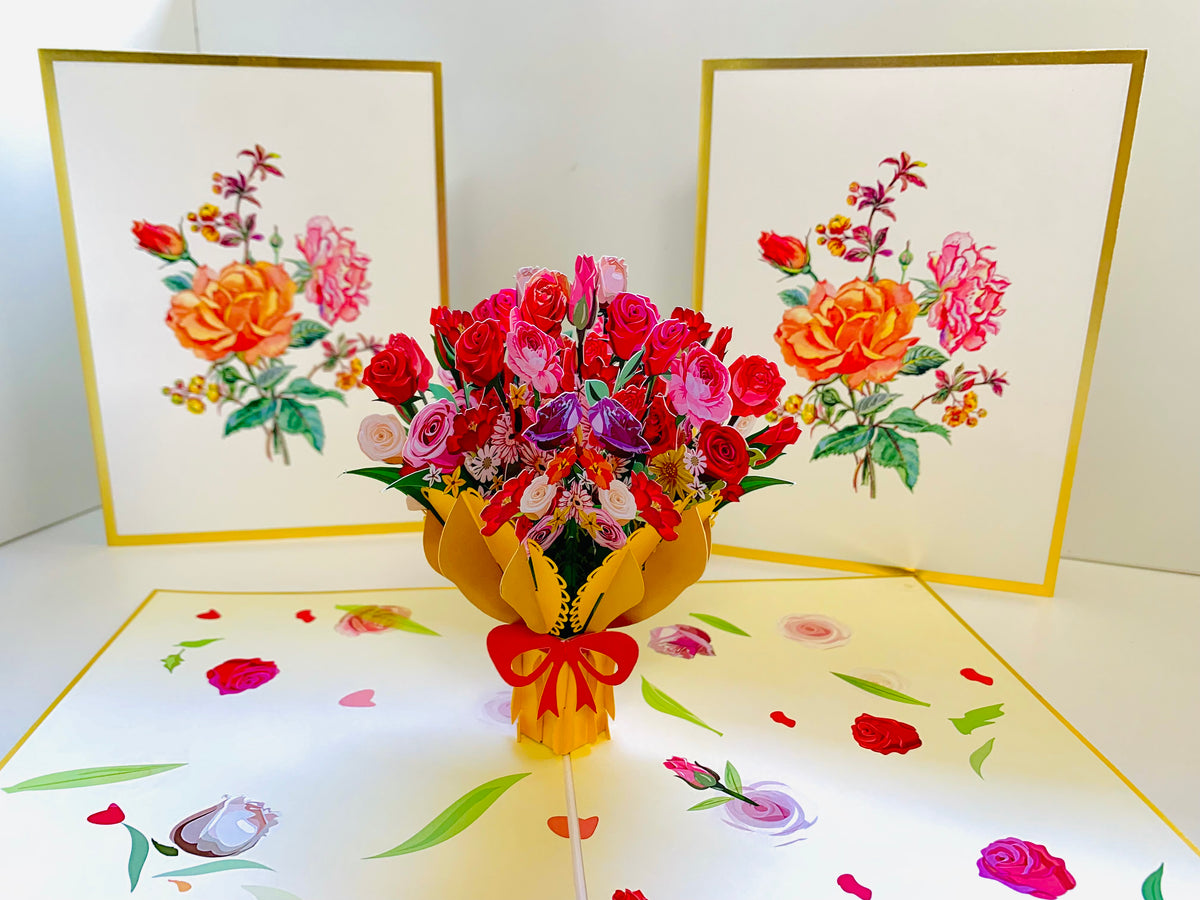 Luxury Gold Embossing Sweetheart Flower Bouquet Origami Pop Cards 3D Pop Up Greeting Card Happy Birthday Thank You Handmade Gift Thinking of You Blank Card for Any Occasion Happy Mother's Day Happy Father's Australiana Celebrate and Romantic