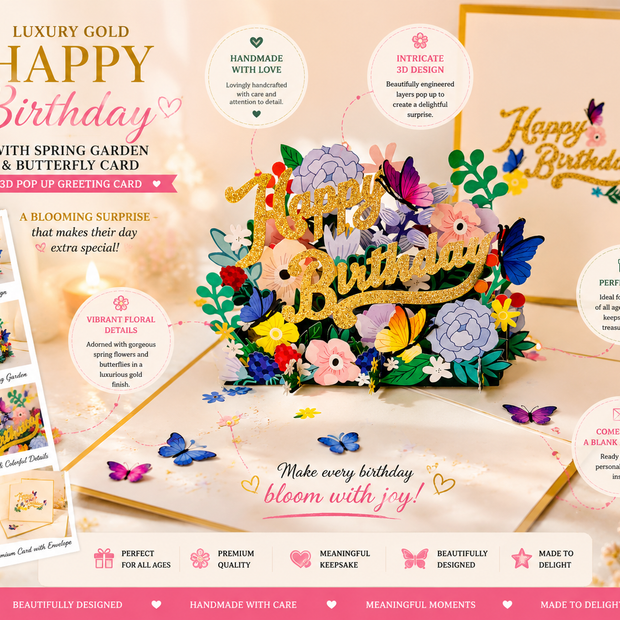 Luxury Gold Happy Birthday with Spring Garden & Butterfly Origami Pop Cards 3D Pop Up Greeting Card Thank You Handmade Gift Thinking of You Happy Birthday Occasion Australiana Celebrate the Beauty and Happiness During Special Day Best Wishes Gift