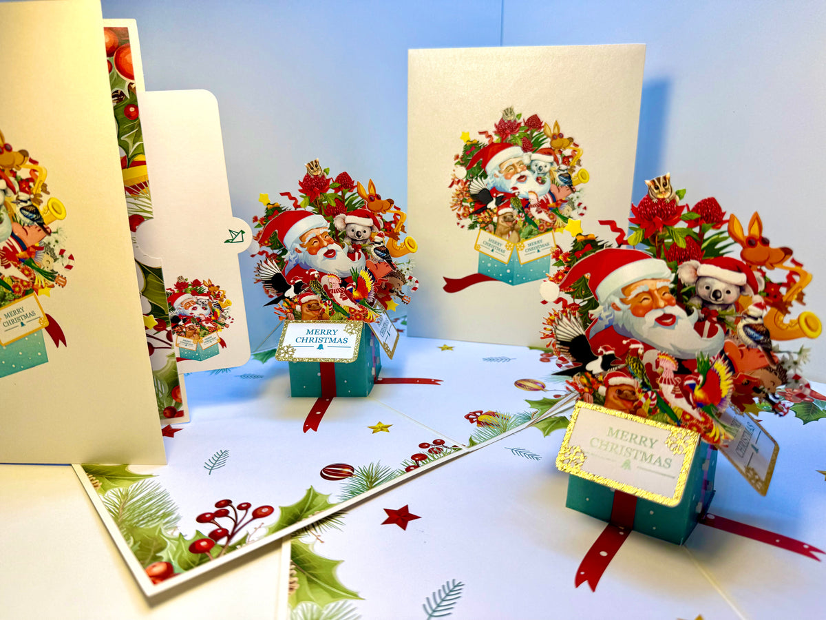 Magical Christmas Present Box with Aussie Santa & Australian Wildlife Friends Origami Pop Cards 3D Pop Up Greeting Card Merry Christmas Thank You Handmade Best Wishes Blank Card Gift Happy Holidays Celebrate the Special Day
