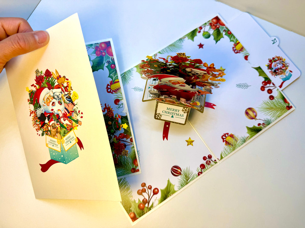 Magical Christmas Present Box with Aussie Santa & Australian Wildlife Friends Origami Pop Cards 3D Pop Up Greeting Card Merry Christmas Thank You Handmade Best Wishes Blank Card Gift Happy Holidays Celebrate the Special Day