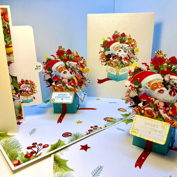 Magical Christmas Present Box with Aussie Santa & Australian Wildlife Friends Origami Pop Cards 3D Pop Up Greeting Card Merry Christmas Thank You Handmade Best Wishes Blank Card Gift Happy Holidays Celebrate the Special Day