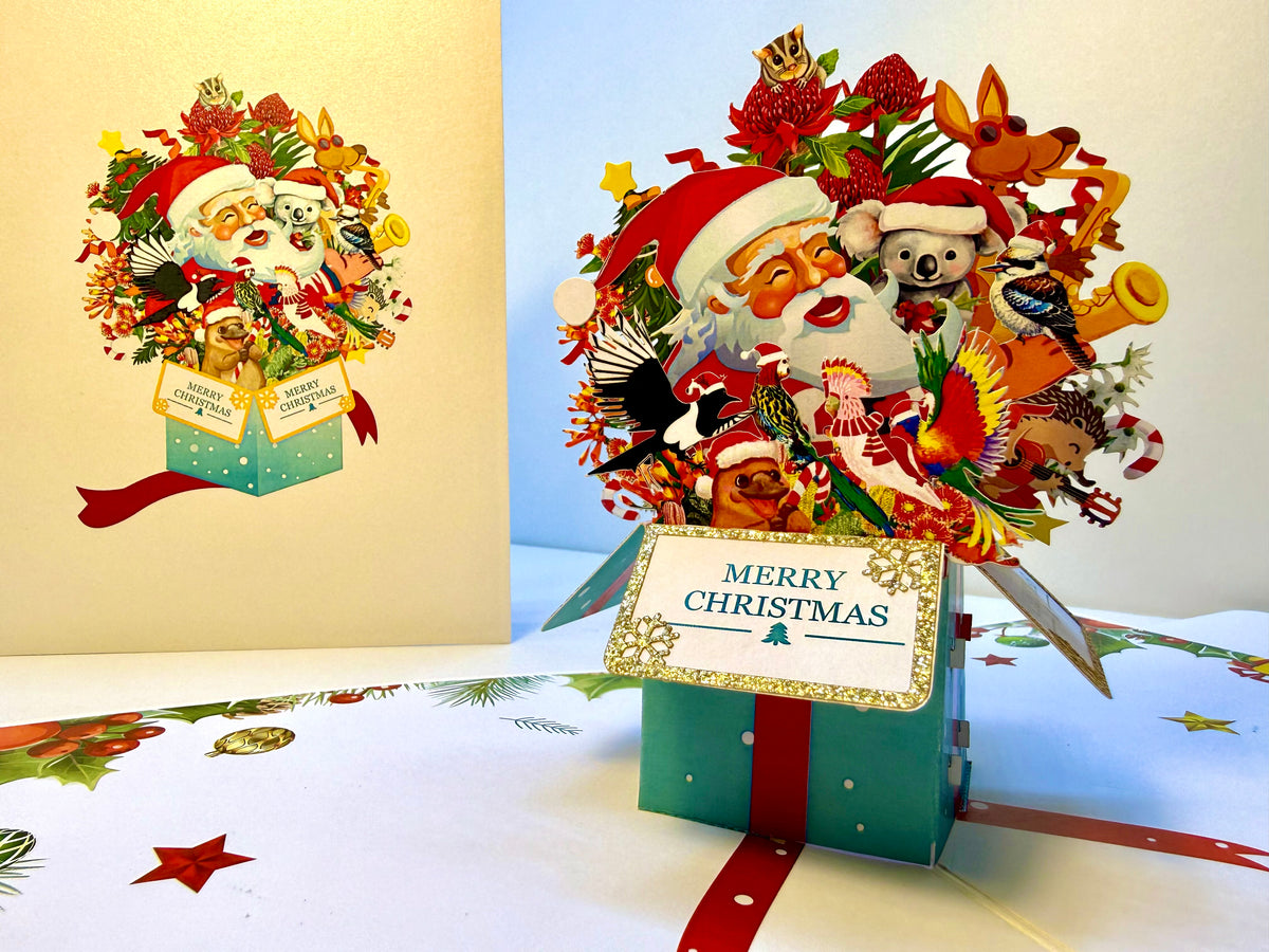 Magical Christmas Present Box with Aussie Santa & Australian Wildlife Friends Origami Pop Cards 3D Pop Up Greeting Card Merry Christmas Thank You Handmade Best Wishes Blank Card Gift Happy Holidays Celebrate the Special Day