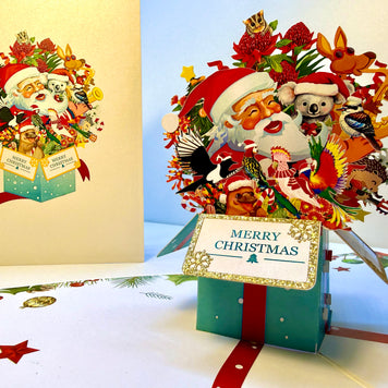 Magical Christmas Present Box with Aussie Santa & Australian Wildlife Friends Origami Pop Cards 3D Pop Up Greeting Card Merry Christmas Thank You Handmade Best Wishes Blank Card Gift Happy Holidays Celebrate the Special Day