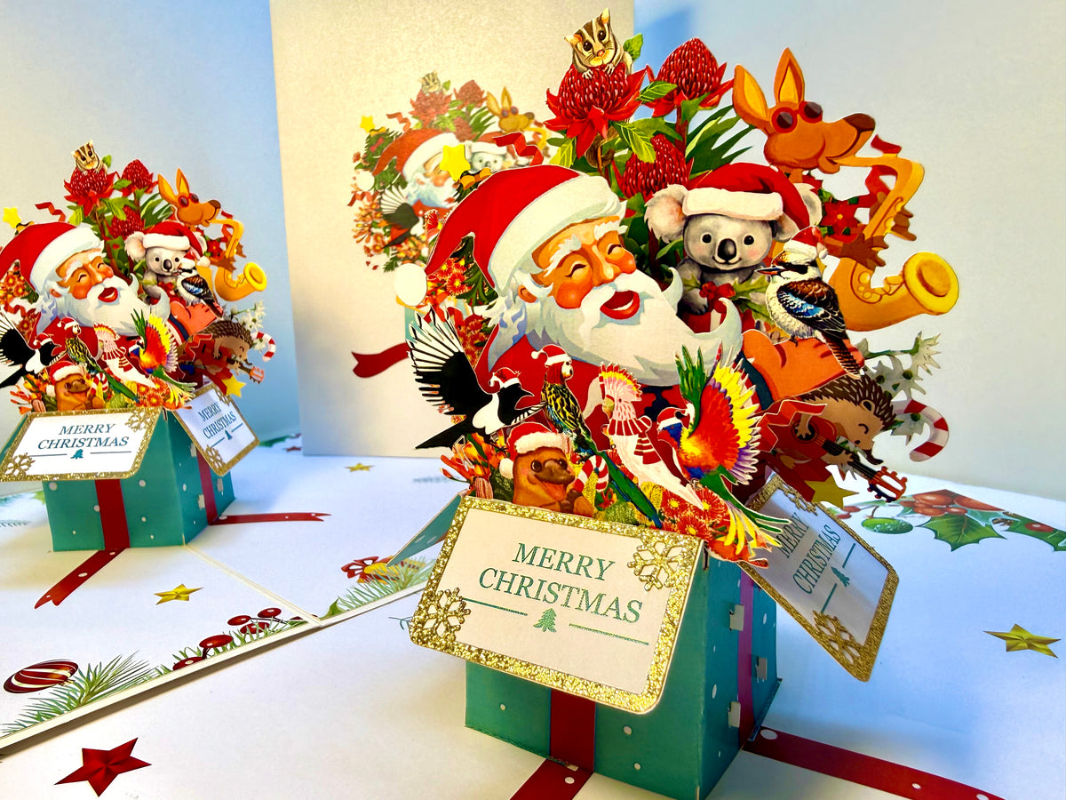 Magical Christmas Present Box with Aussie Santa & Australian Wildlife Friends Origami Pop Cards 3D Pop Up Greeting Card Merry Christmas Thank You Handmade Best Wishes Blank Card Gift Happy Holidays Celebrate the Special Day