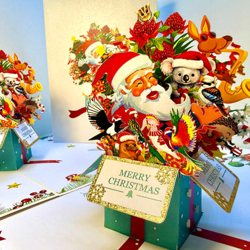 Magical Christmas Present Box with Aussie Santa & Australian Wildlife Friends Origami Pop Cards 3D Pop Up Greeting Card Merry Christmas Thank You Handmade Best Wishes Blank Card Gift Happy Holidays Celebrate the Special Day