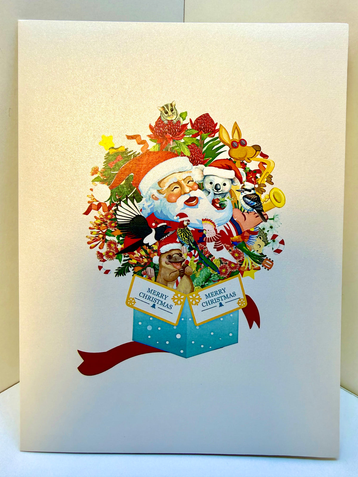Magical Christmas Present Box with Aussie Santa & Australian Wildlife Friends Origami Pop Cards 3D Pop Up Greeting Card Merry Christmas Thank You Handmade Best Wishes Blank Card Gift Happy Holidays Celebrate the Special Day