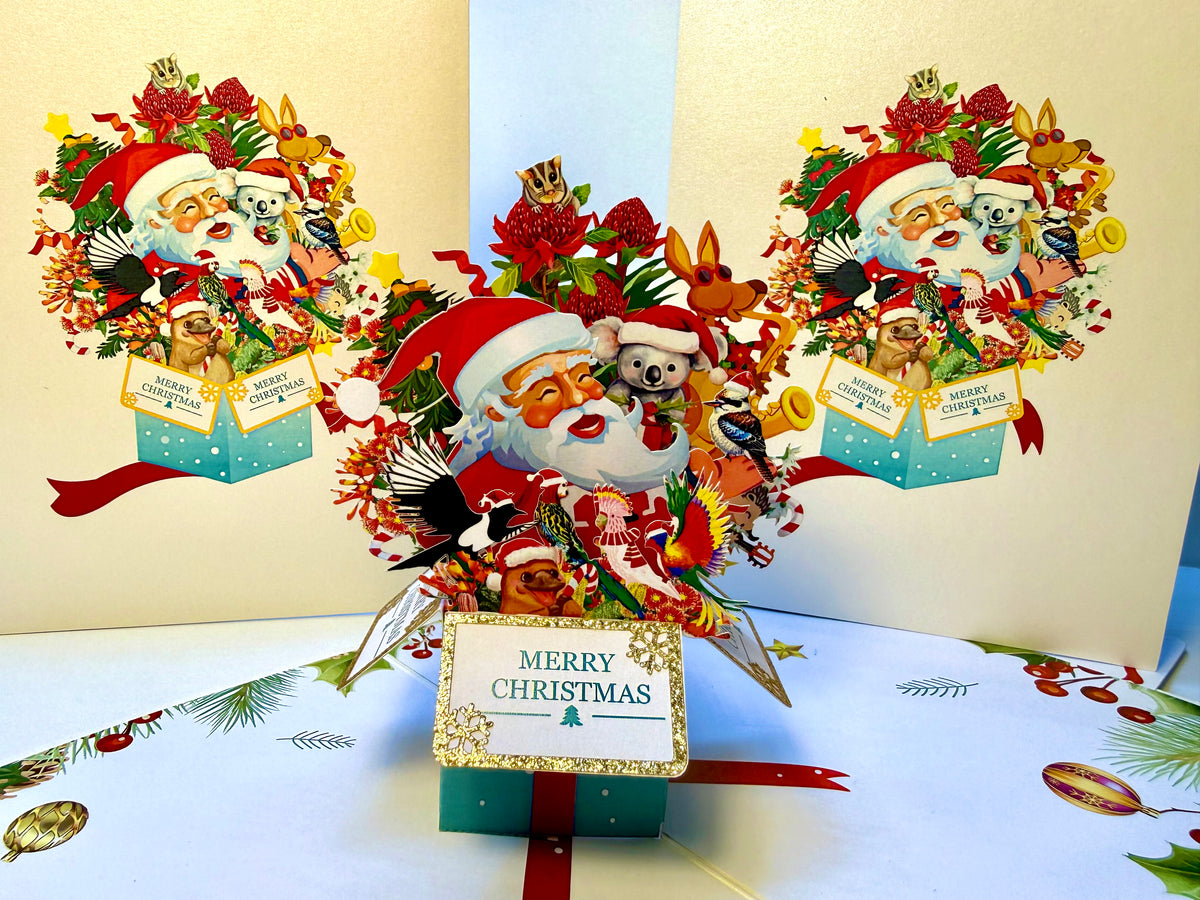 Magical Christmas Present Box with Aussie Santa & Australian Wildlife Friends Origami Pop Cards 3D Pop Up Greeting Card Merry Christmas Thank You Handmade Best Wishes Blank Card Gift Happy Holidays Celebrate the Special Day