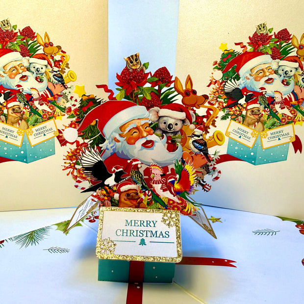 Magical Christmas Present Box with Aussie Santa & Australian Wildlife Friends Origami Pop Cards 3D Pop Up Greeting Card Merry Christmas Thank You Handmade Best Wishes Blank Card Gift Happy Holidays Celebrate the Special Day