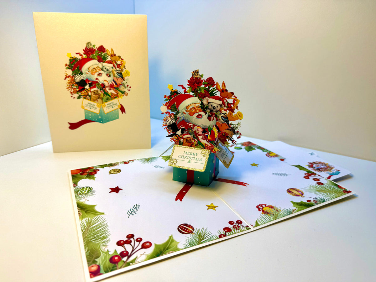 Magical Christmas Present Box with Aussie Santa & Australian Wildlife Friends Origami Pop Cards 3D Pop Up Greeting Card Merry Christmas Thank You Handmade Best Wishes Blank Card Gift Happy Holidays Celebrate the Special Day