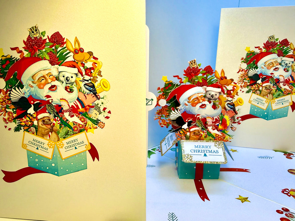 Magical Christmas Present Box with Aussie Santa & Australian Wildlife Friends Origami Pop Cards 3D Pop Up Greeting Card Merry Christmas Thank You Handmade Best Wishes Blank Card Gift Happy Holidays Celebrate the Special Day