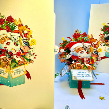 Magical Christmas Present Box with Aussie Santa & Australian Wildlife Friends Origami Pop Cards 3D Pop Up Greeting Card Merry Christmas Thank You Handmade Best Wishes Blank Card Gift Happy Holidays Celebrate the Special Day