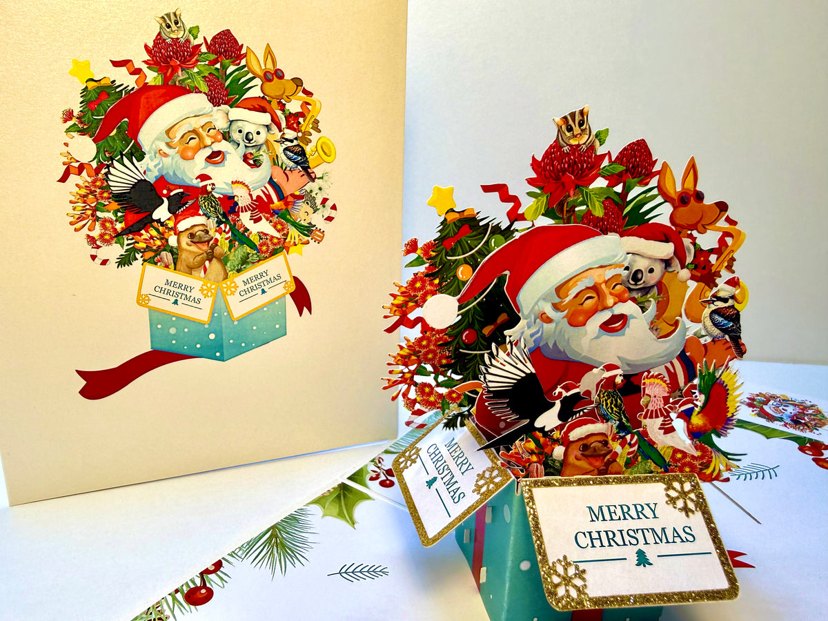 Magical Christmas Present Box with Aussie Santa & Australian Wildlife Friends Origami Pop Cards 3D Pop Up Greeting Card Merry Christmas Thank You Handmade Best Wishes Blank Card Gift Happy Holidays Celebrate the Special Day