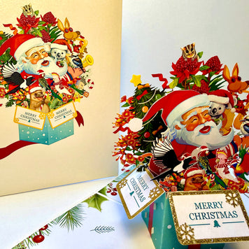 Magical Christmas Present Box with Aussie Santa & Australian Wildlife Friends Origami Pop Cards 3D Pop Up Greeting Card Merry Christmas Thank You Handmade Best Wishes Blank Card Gift Happy Holidays Celebrate the Special Day