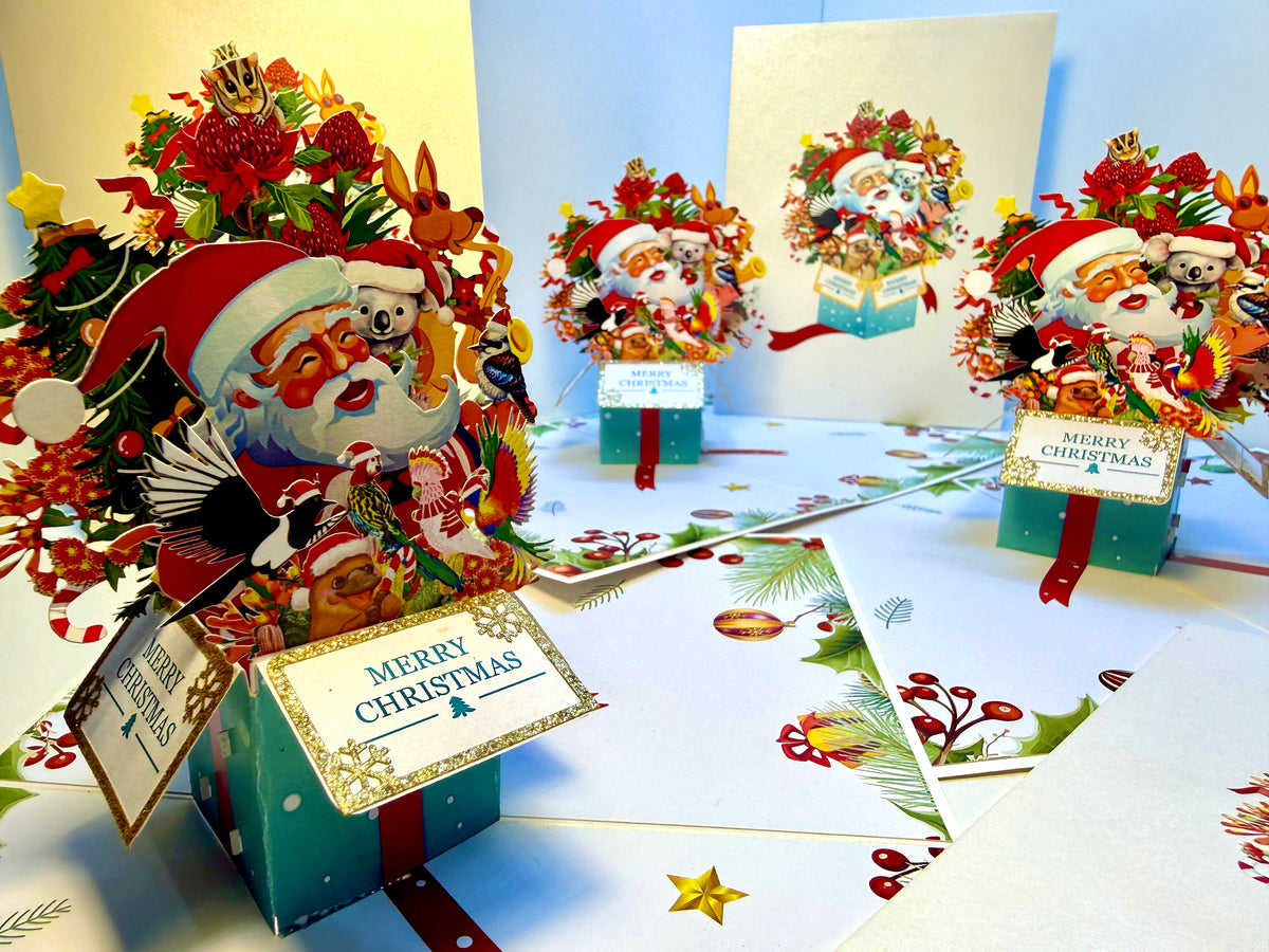 Magical Christmas Present Box with Aussie Santa & Australian Wildlife Friends Origami Pop Cards 3D Pop Up Greeting Card Merry Christmas Thank You Handmade Best Wishes Blank Card Gift Happy Holidays Celebrate the Special Day