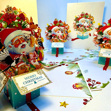 Magical Christmas Present Box with Aussie Santa & Australian Wildlife Friends Origami Pop Cards 3D Pop Up Greeting Card Merry Christmas Thank You Handmade Best Wishes Blank Card Gift Happy Holidays Celebrate the Special Day