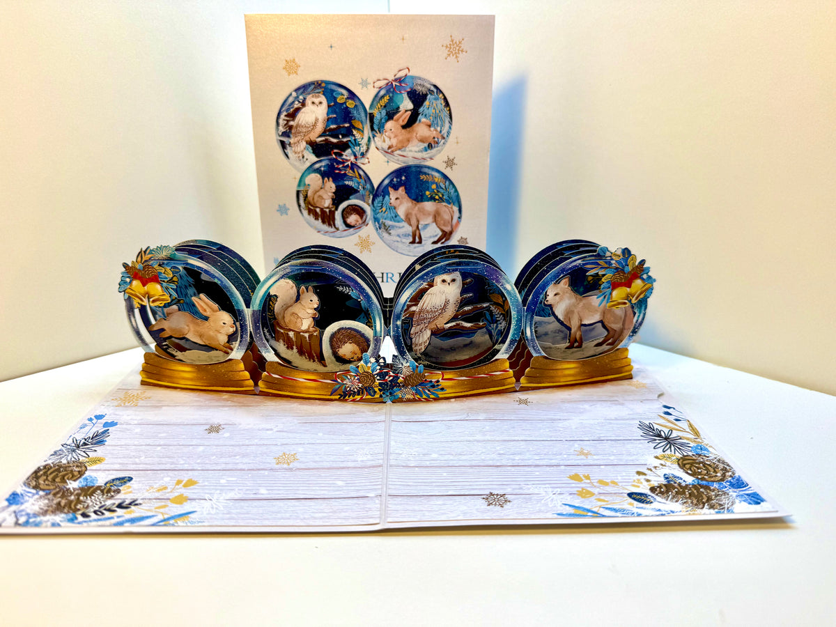 🎄 Magical Merry Christmas with Woodland Animals in Snow Globes – Fox, Owl, Rabbit & Squirrel 🎄 Origami Pop Cards 3D Pop Up Greeting Card Merry Christmas Thank You Handmade Best Wishes Blank Card Gift Happy Holidays Celebrate the Special Day