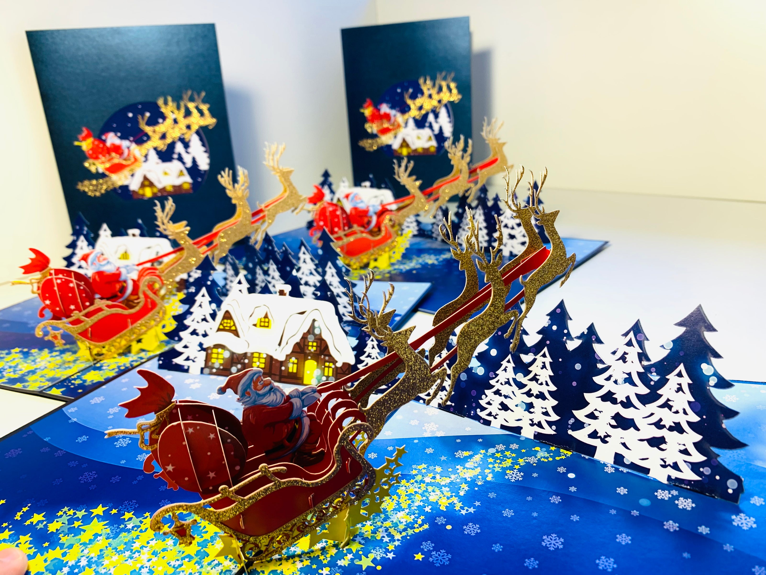 Premium Magical Santa Sleigh & Flying Reindeer Origami Pop Cards 3D Pop Up Greeting Card Merry Christmas Thank You Handmade Best Wishes Blank Card Gift Happy Holidays Celebrate the Special Day Moment with Family and Friends