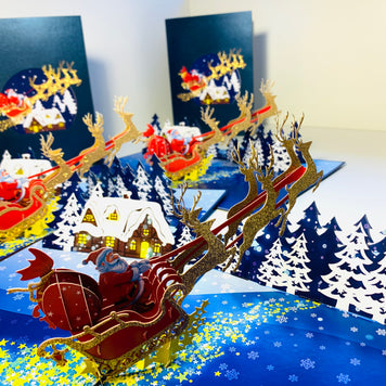 Premium Magical Santa Sleigh & Flying Reindeer Origami Pop Cards 3D Pop Up Greeting Card Merry Christmas Thank You Handmade Best Wishes Blank Card Gift Happy Holidays Celebrate the Special Day Moment with Family and Friends