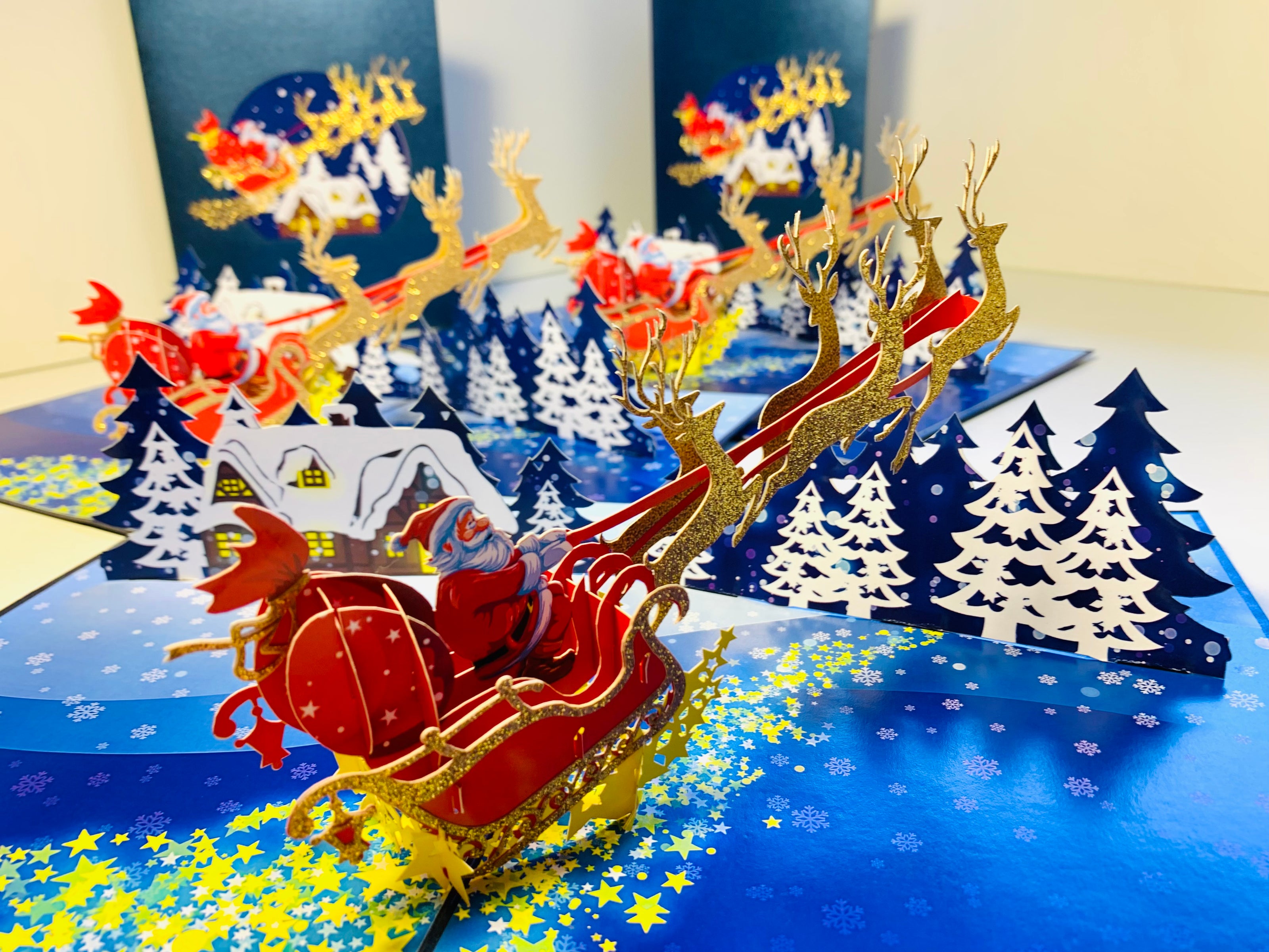 Premium Magical Santa Sleigh & Flying Reindeer Origami Pop Cards 3D Pop Up Greeting Card Merry Christmas Thank You Handmade Best Wishes Blank Card Gift Happy Holidays Celebrate the Special Day Moment with Family and Friends