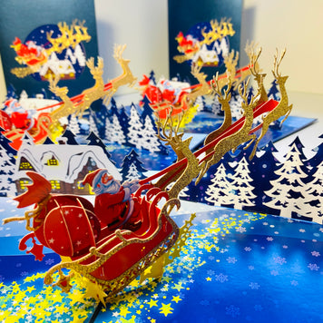 Premium Magical Santa Sleigh & Flying Reindeer Origami Pop Cards 3D Pop Up Greeting Card Merry Christmas Thank You Handmade Best Wishes Blank Card Gift Happy Holidays Celebrate the Special Day Moment with Family and Friends