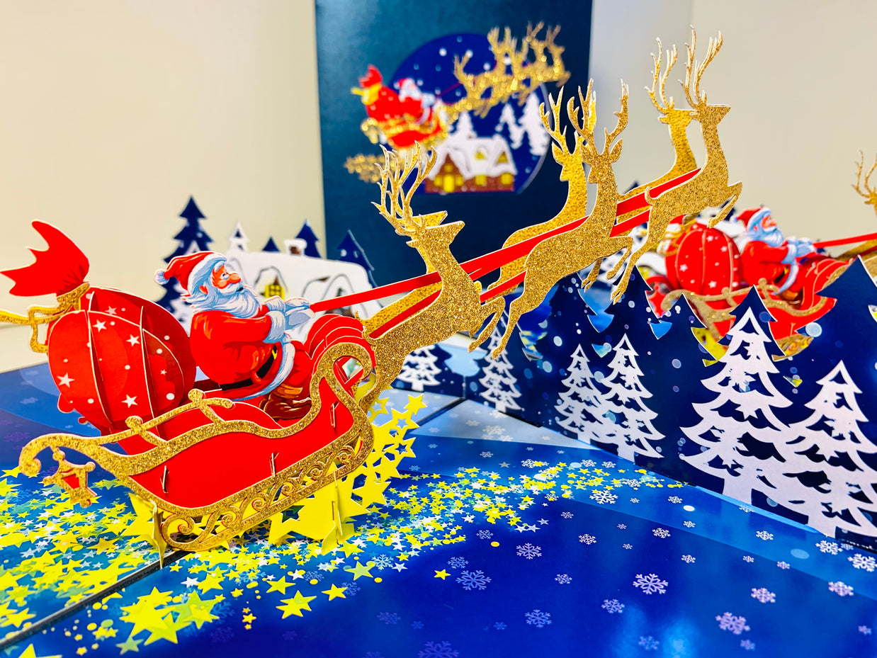 Premium Magical Santa Sleigh & Flying Reindeer Origami Pop Cards 3D Pop Up Greeting Card Merry Christmas Thank You Handmade Best Wishes Blank Card Gift Happy Holidays Celebrate the Special Day Moment with Family and Friends
