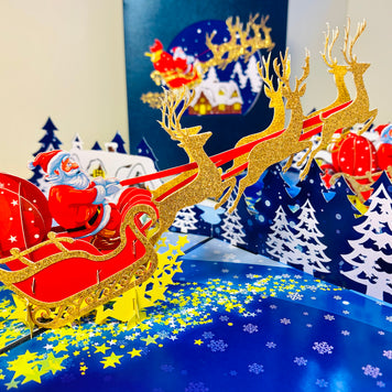 Premium Magical Santa Sleigh & Flying Reindeer Origami Pop Cards 3D Pop Up Greeting Card Merry Christmas Thank You Handmade Best Wishes Blank Card Gift Happy Holidays Celebrate the Special Day Moment with Family and Friends