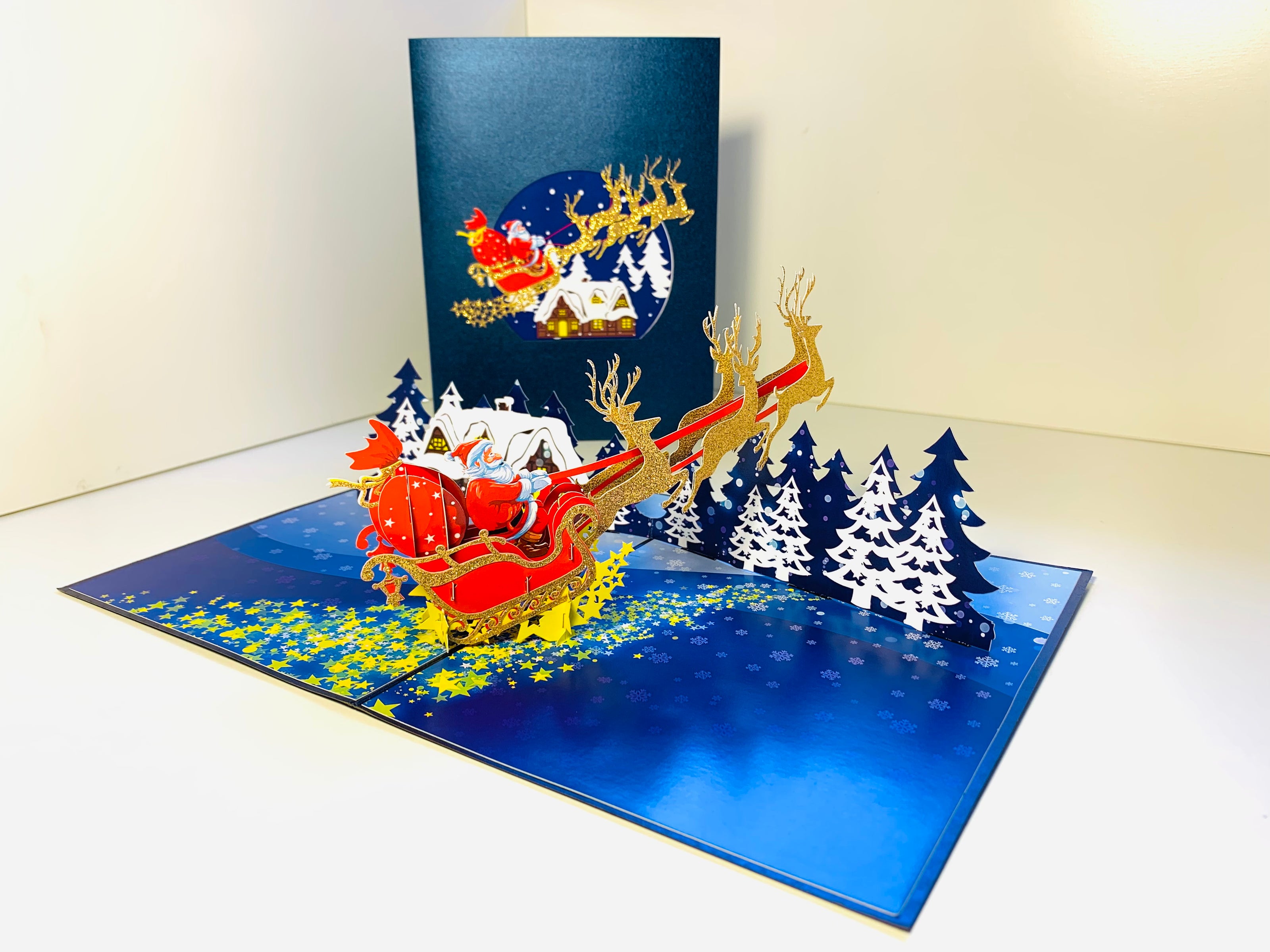 Premium Magical Santa Sleigh & Flying Reindeer Origami Pop Cards 3D Pop Up Greeting Card Merry Christmas Thank You Handmade Best Wishes Blank Card Gift Happy Holidays Celebrate the Special Day Moment with Family and Friends