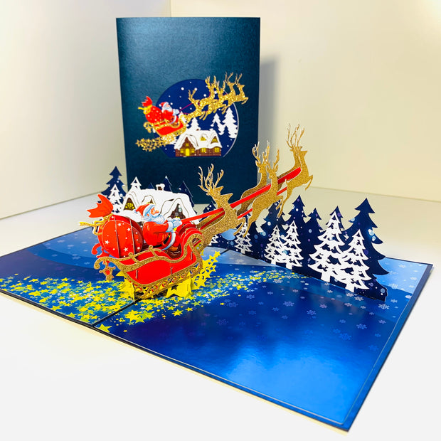 Premium Magical Santa Sleigh & Flying Reindeer Origami Pop Cards 3D Pop Up Greeting Card Merry Christmas Thank You Handmade Best Wishes Blank Card Gift Happy Holidays Celebrate the Special Day Moment with Family and Friends