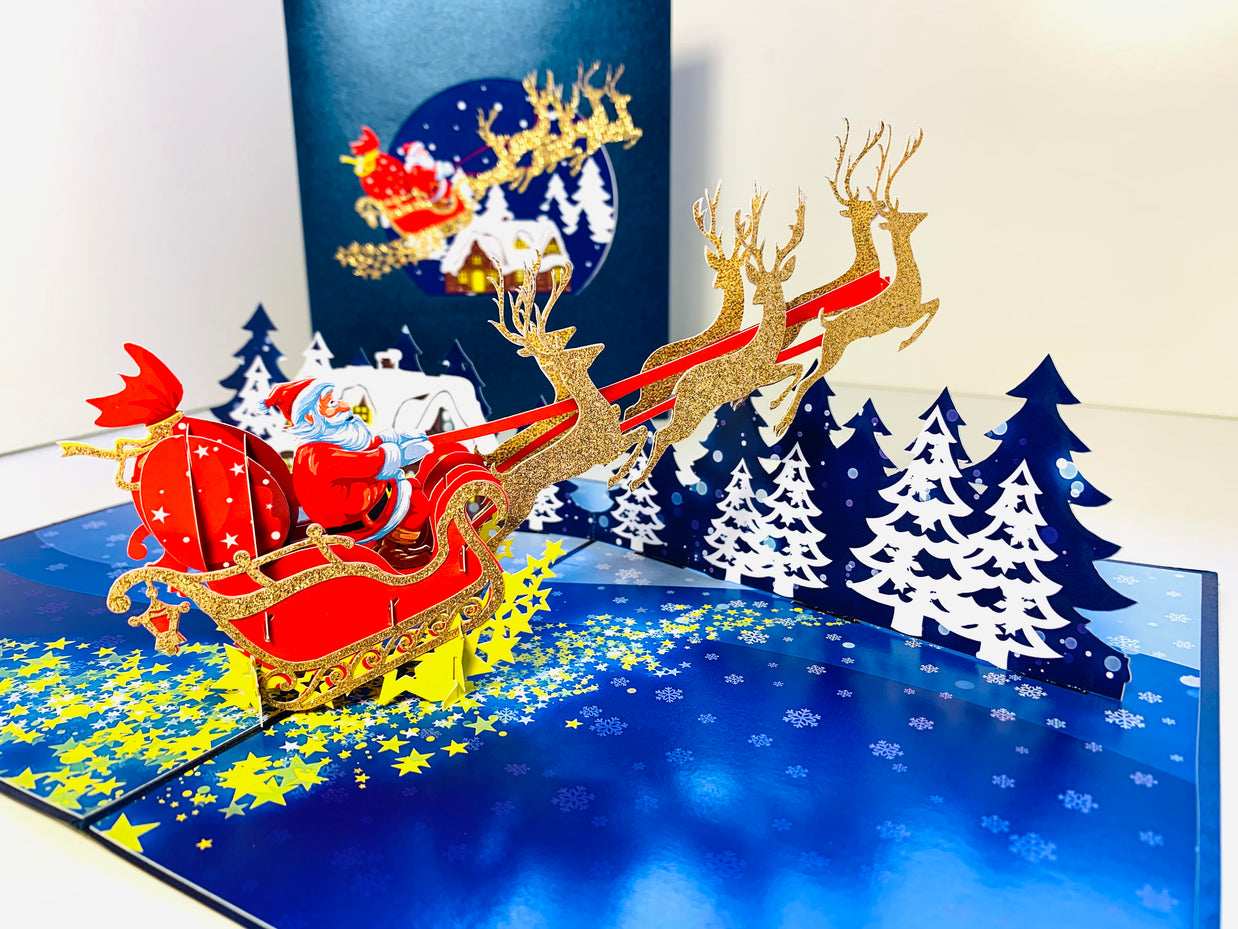 Premium Magical Santa Sleigh & Flying Reindeer Origami Pop Cards 3D Pop Up Greeting Card Merry Christmas Thank You Handmade Best Wishes Blank Card Gift Happy Holidays Celebrate the Special Day Moment with Family and Friends