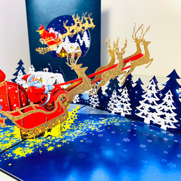 Premium Magical Santa Sleigh & Flying Reindeer Origami Pop Cards 3D Pop Up Greeting Card Merry Christmas Thank You Handmade Best Wishes Blank Card Gift Happy Holidays Celebrate the Special Day Moment with Family and Friends