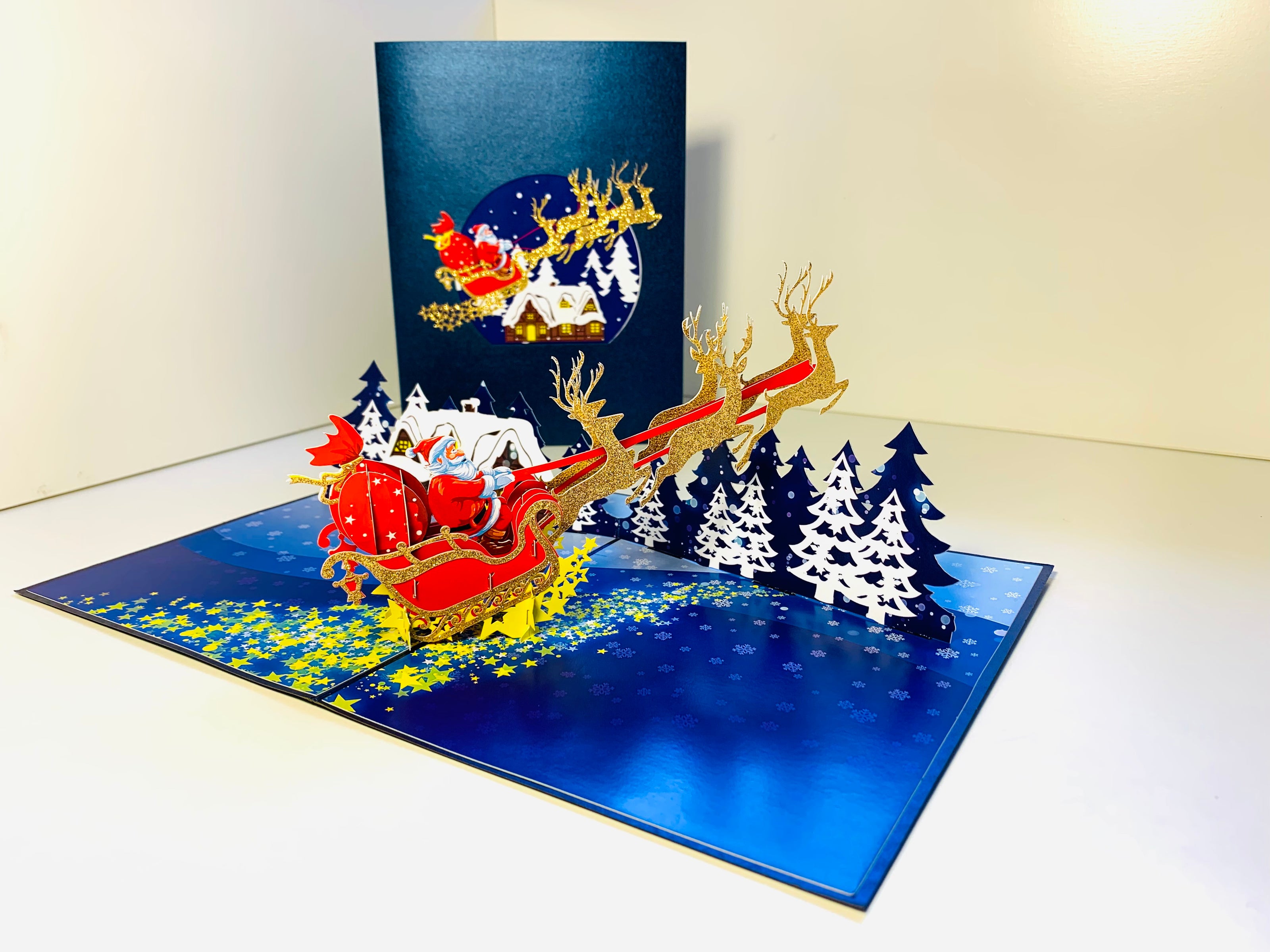 Premium Magical Santa Sleigh & Flying Reindeer Origami Pop Cards 3D Pop Up Greeting Card Merry Christmas Thank You Handmade Best Wishes Blank Card Gift Happy Holidays Celebrate the Special Day Moment with Family and Friends