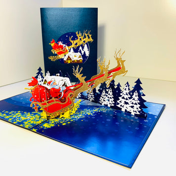 Premium Magical Santa Sleigh & Flying Reindeer Origami Pop Cards 3D Pop Up Greeting Card Merry Christmas Thank You Handmade Best Wishes Blank Card Gift Happy Holidays Celebrate the Special Day Moment with Family and Friends