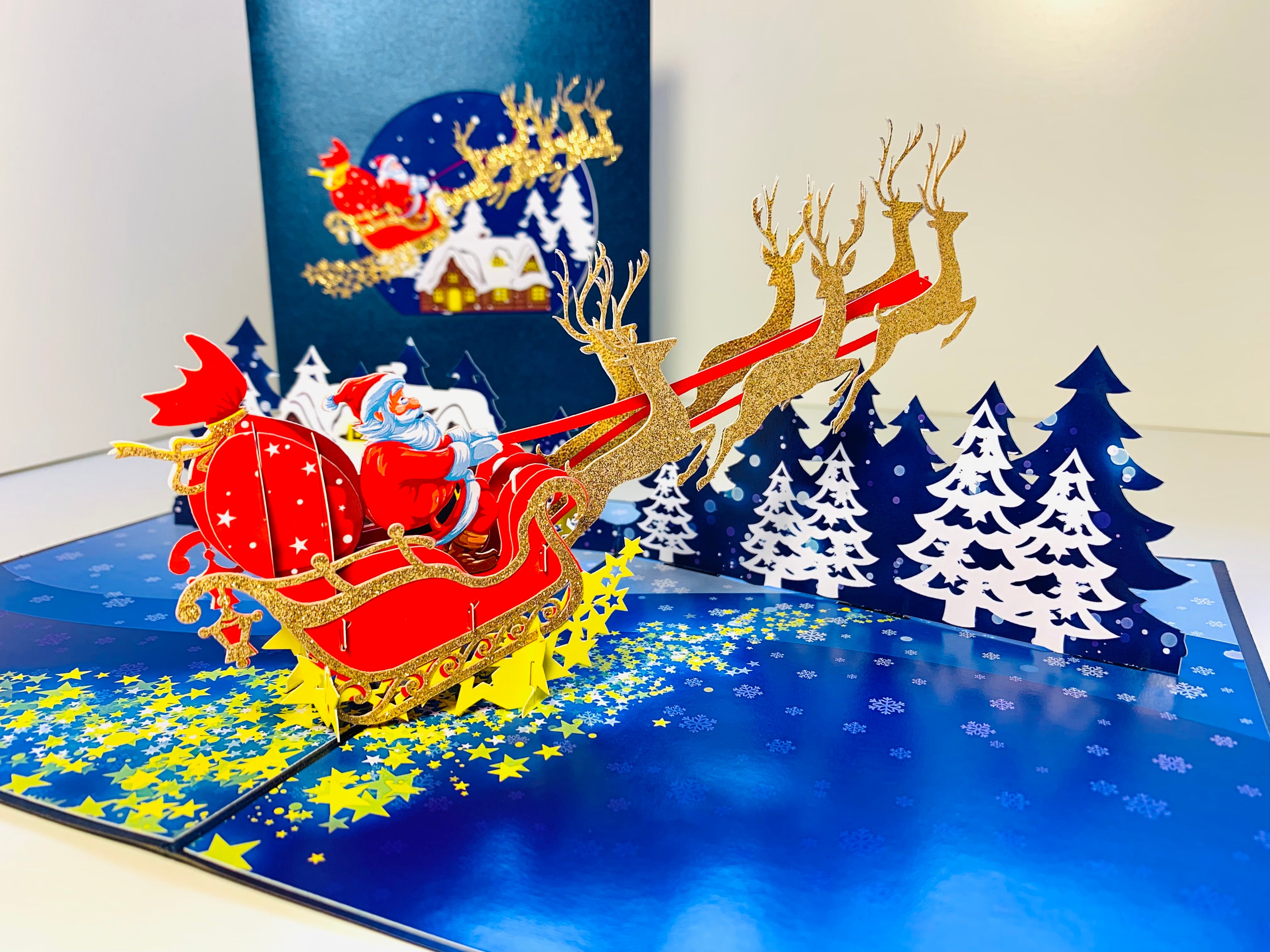 Premium Magical Santa Sleigh & Flying Reindeer Origami Pop Cards 3D Pop Up Greeting Card Merry Christmas Thank You Handmade Best Wishes Blank Card Gift Happy Holidays Celebrate the Special Day Moment with Family and Friends