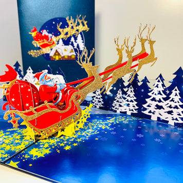 Premium Magical Santa Sleigh & Flying Reindeer Origami Pop Cards 3D Pop Up Greeting Card Merry Christmas Thank You Handmade Best Wishes Blank Card Gift Happy Holidays Celebrate the Special Day Moment with Family and Friends