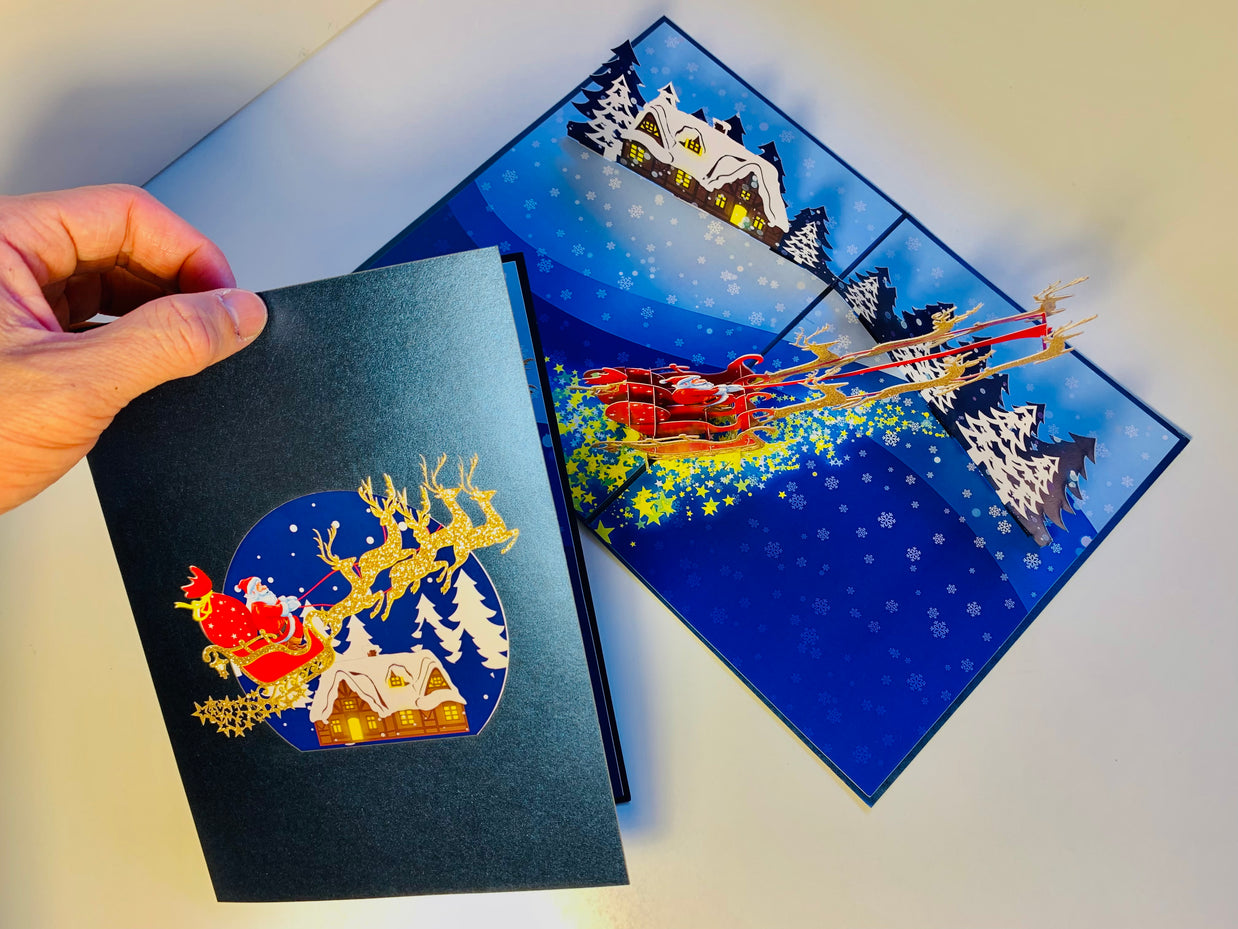 Premium Magical Santa Sleigh & Flying Reindeer Origami Pop Cards 3D Pop Up Greeting Card Merry Christmas Thank You Handmade Best Wishes Blank Card Gift Happy Holidays Celebrate the Special Day Moment with Family and Friends