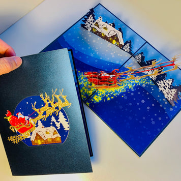Premium Magical Santa Sleigh & Flying Reindeer Origami Pop Cards 3D Pop Up Greeting Card Merry Christmas Thank You Handmade Best Wishes Blank Card Gift Happy Holidays Celebrate the Special Day Moment with Family and Friends