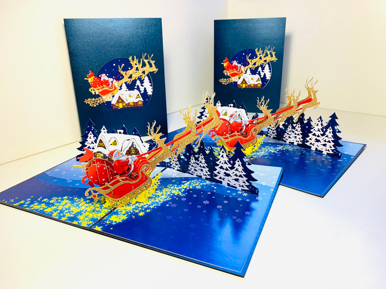 Premium Magical Santa Sleigh & Flying Reindeer Origami Pop Cards 3D Pop Up Greeting Card Merry Christmas Thank You Handmade Best Wishes Blank Card Gift Happy Holidays Celebrate the Special Day Moment with Family and Friends