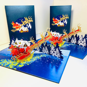Premium Magical Santa Sleigh & Flying Reindeer Origami Pop Cards 3D Pop Up Greeting Card Merry Christmas Thank You Handmade Best Wishes Blank Card Gift Happy Holidays Celebrate the Special Day Moment with Family and Friends
