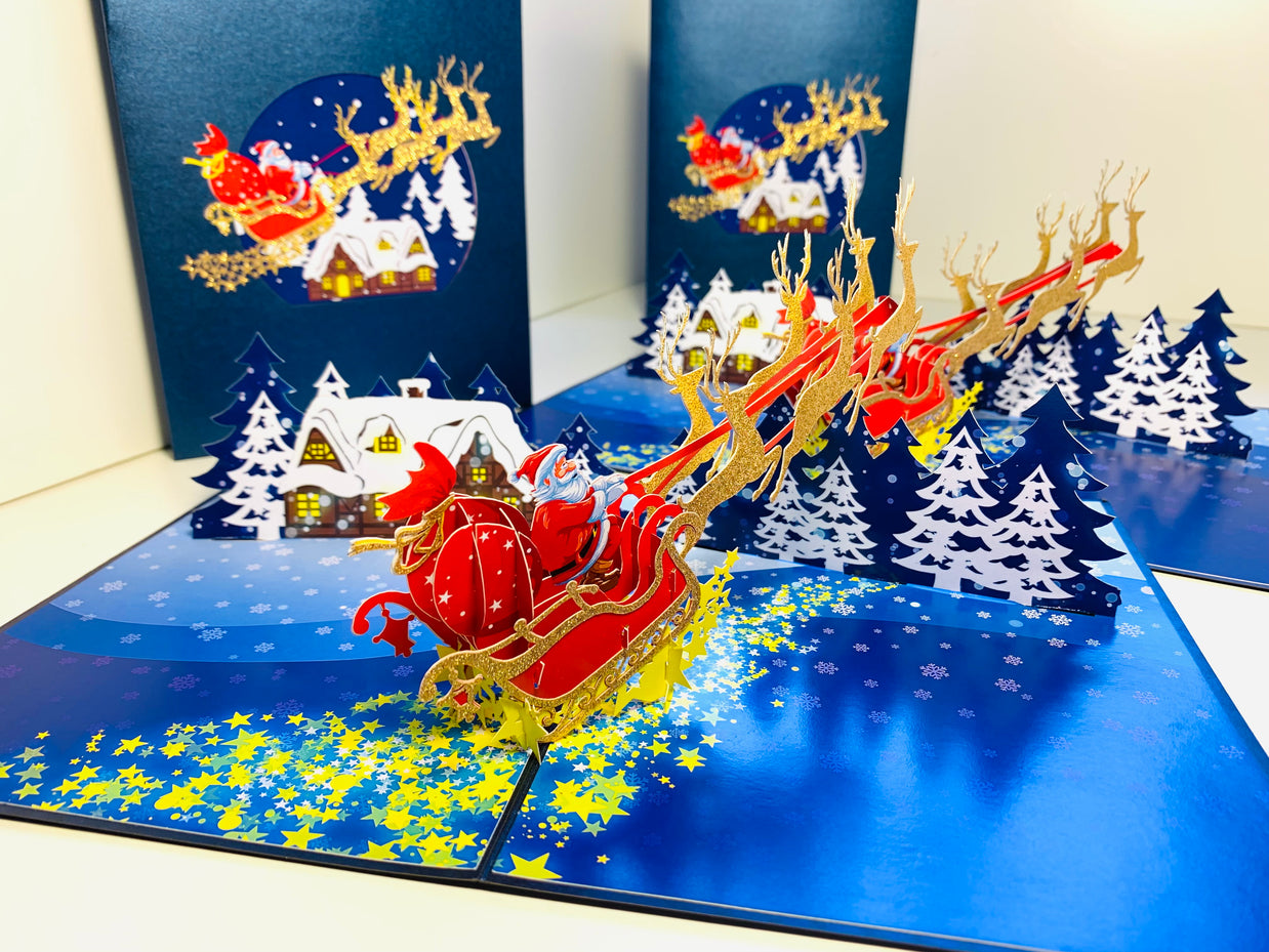 Premium Magical Santa Sleigh & Flying Reindeer Origami Pop Cards 3D Pop Up Greeting Card Merry Christmas Thank You Handmade Best Wishes Blank Card Gift Happy Holidays Celebrate the Special Day Moment with Family and Friends