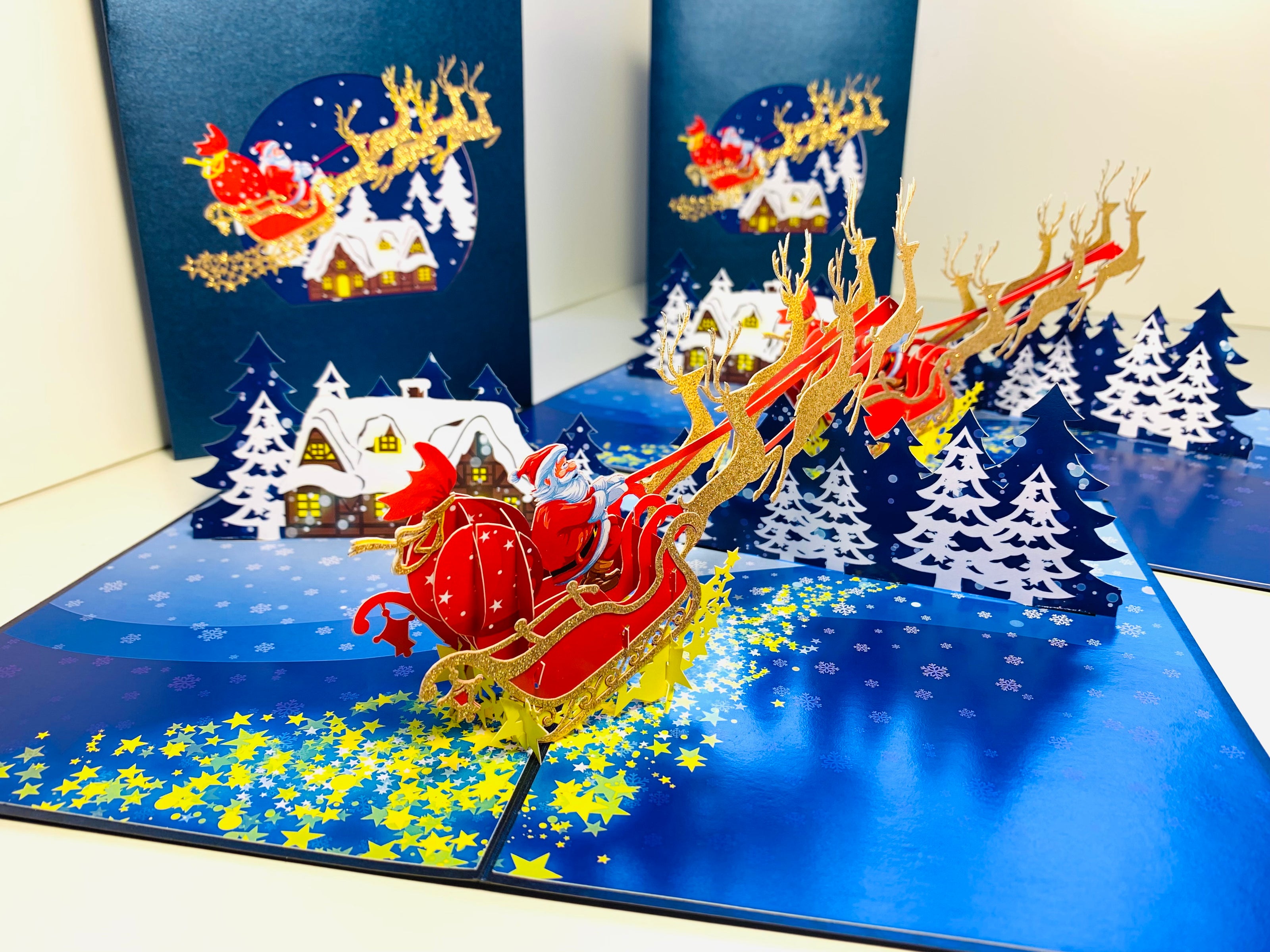 Premium Magical Santa Sleigh & Flying Reindeer Origami Pop Cards 3D Pop Up Greeting Card Merry Christmas Thank You Handmade Best Wishes Blank Card Gift Happy Holidays Celebrate the Special Day Moment with Family and Friends
