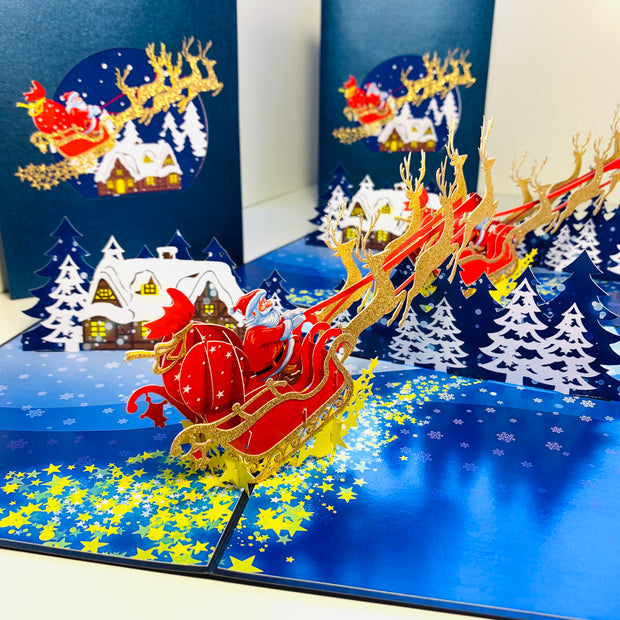 Premium Magical Santa Sleigh & Flying Reindeer Origami Pop Cards 3D Pop Up Greeting Card Merry Christmas Thank You Handmade Best Wishes Blank Card Gift Happy Holidays Celebrate the Special Day Moment with Family and Friends